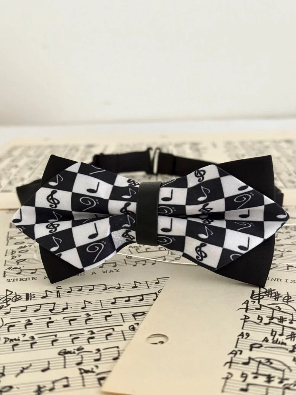 Black White Music Note Bow Tie Checkerboard Adjustable Pre Tied Musician
